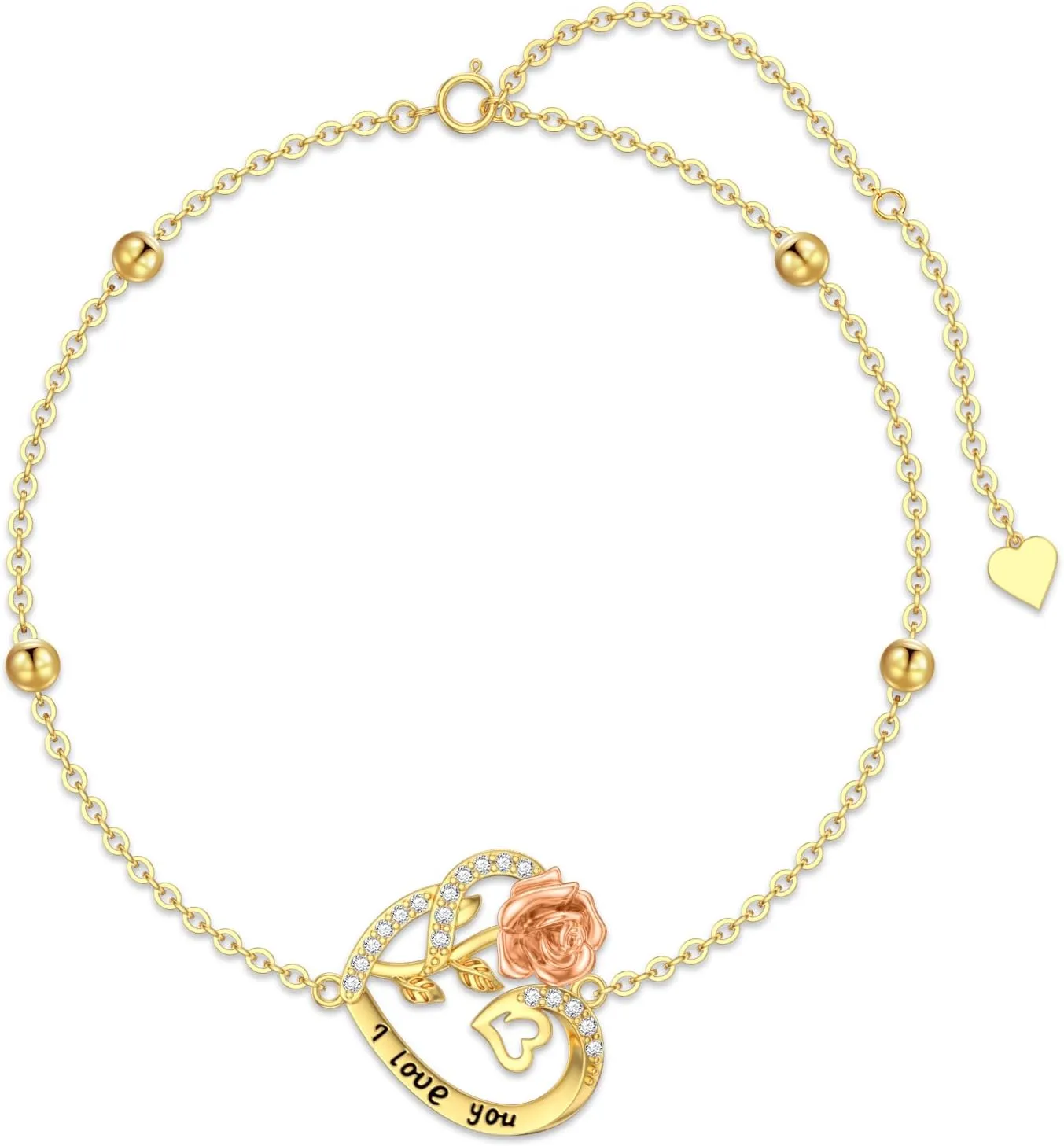 14K Solid Gold Heart Anklets for Women - Real Gold Flower Ankle Bracelets 14 Karat Anklets for Her, 8 2 Inch