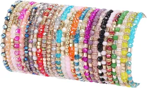 28Pcs Boho Beaded Bracelets for Women Colorful Stackable Sparkly Crystal Beads Bracelets Multi-Layer Versatile Statement Bracelets Stretch Cuff Jewelry Gifts