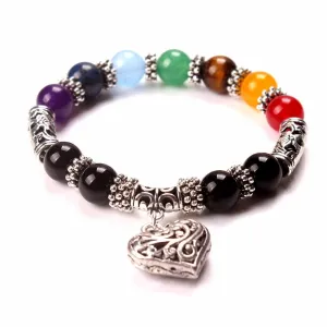 7 Chakra Mixed Crystal Stones Heart Charm Bracelet