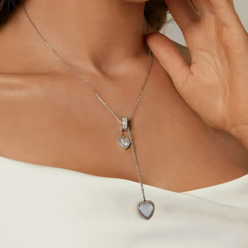 925 Sterling Silver Love Pendant Y Shape Necklace Double Heart Neck Chain for Women Valentine's Day Fine Jewelry Gift