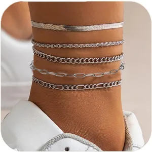 Ankle Bracelet for Women Sterling Silver Ankle Bracelet Set 5PCS Waterproof Anklets Chain Non Tranish Summer Beach Jewelry for Women Anklets Gift