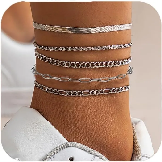 Ankle Bracelet for Women Sterling Silver Ankle Bracelet Set 5PCS Waterproof Anklets Chain Non Tranish Summer Beach Jewelry for Women Anklets Gift