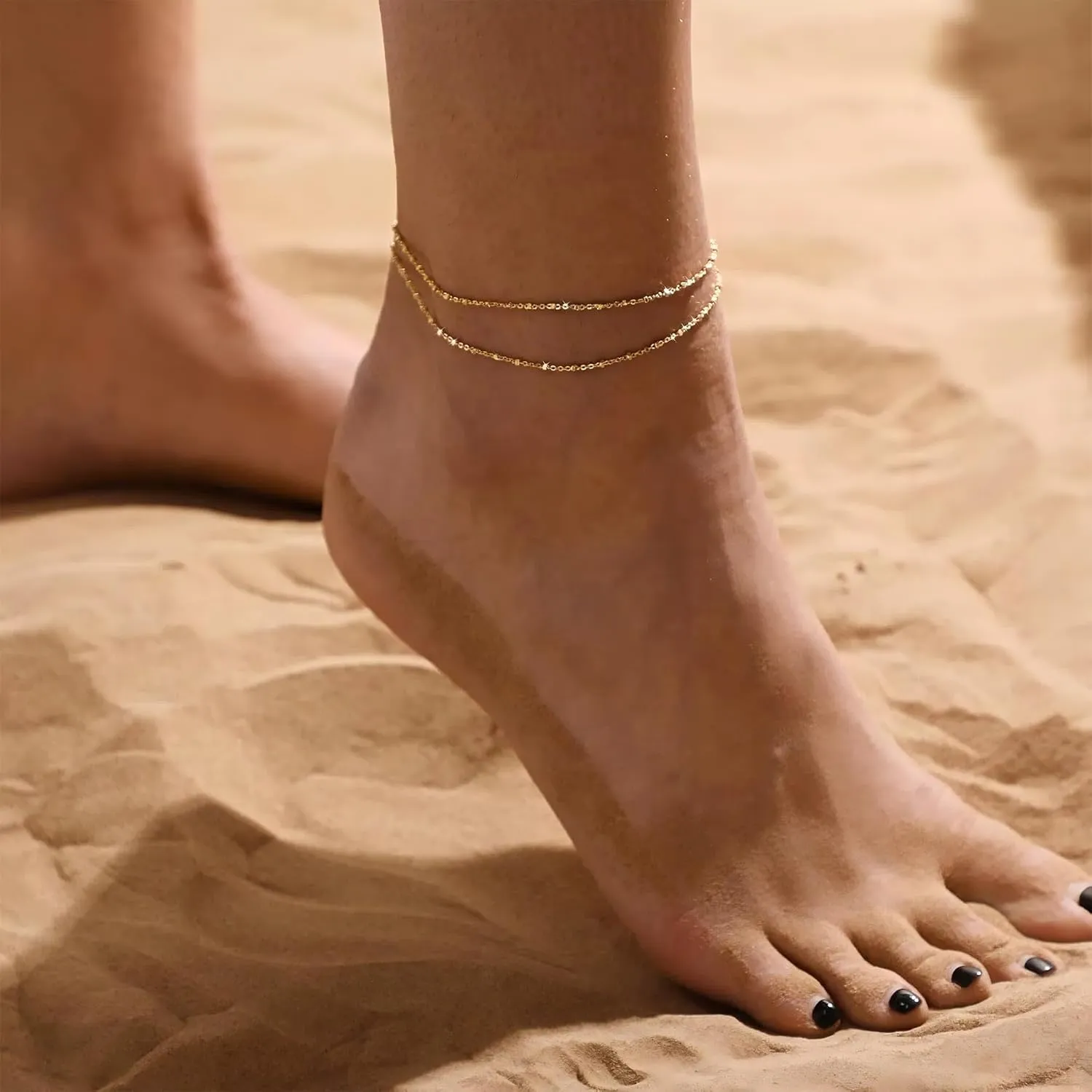 Ankle Bracelets for Women Waterproof Dainty Trendy Beads Herringbone Layered Anklet Gold Silver Anklets Set Boho Summer Beach Simple Foot Jewelry