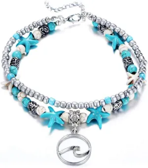 ASHMITA Blue Turtle Ankle Bracelet Set Multilayer Beads Handmade Boho Beach Anklet Foot Jewelry Women