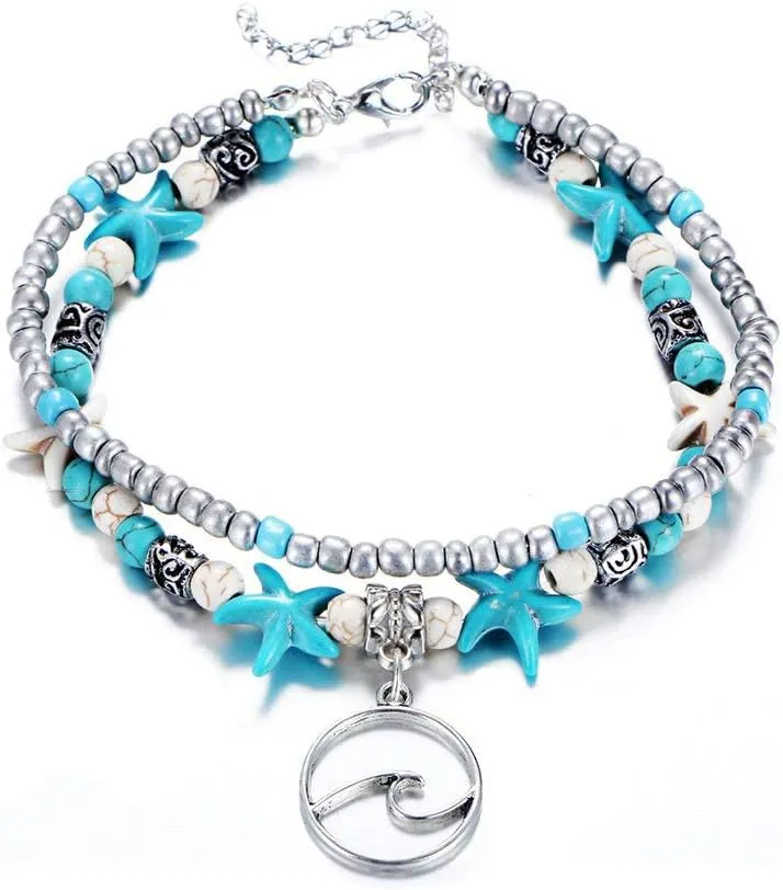 ASHMITA Blue Turtle Ankle Bracelet Set Multilayer Beads Handmade Boho Beach Anklet Foot Jewelry Women