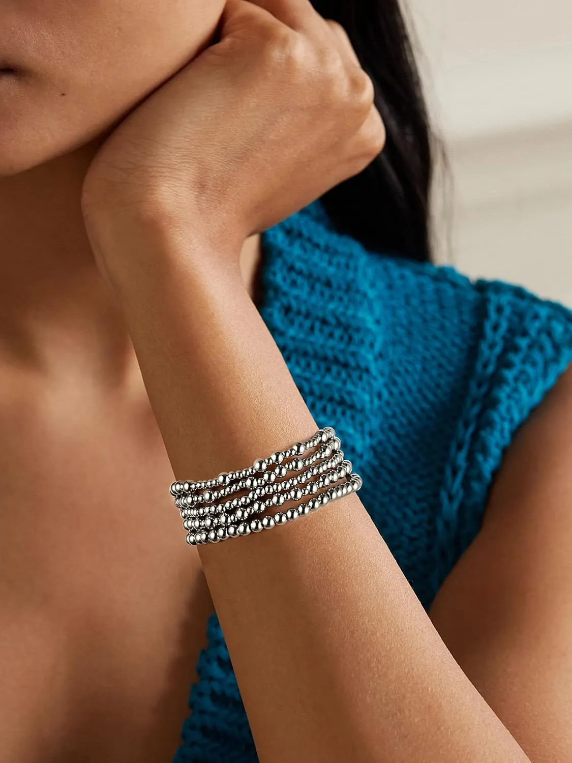 Badu Silver Beaded Bracelets for Women no tarnish Silver plated Stackable Bead Ball Bracelet Stretchable Elastic Hypoallergenic Trendy