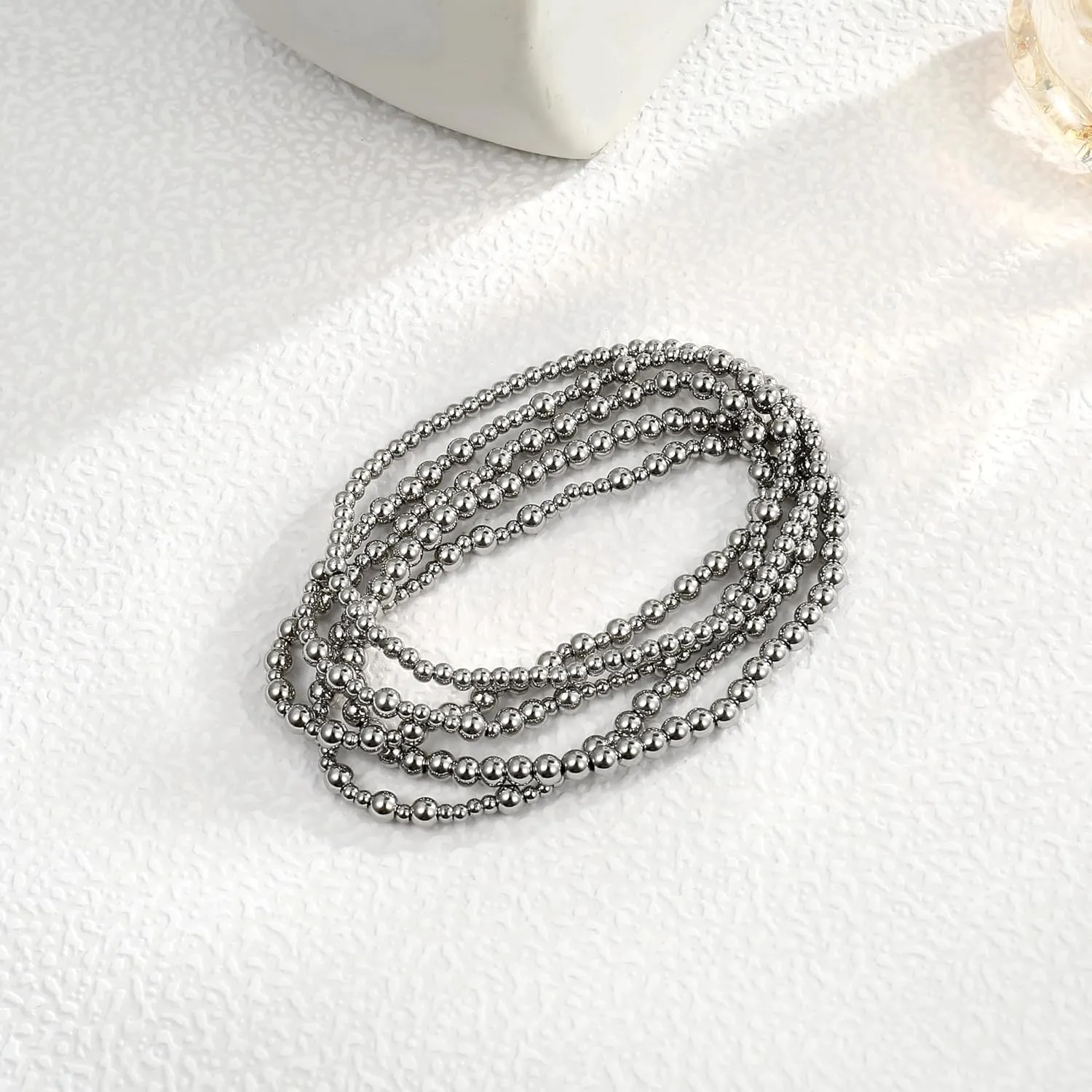 Badu Silver Beaded Bracelets for Women no tarnish Silver plated Stackable Bead Ball Bracelet Stretchable Elastic Hypoallergenic Trendy