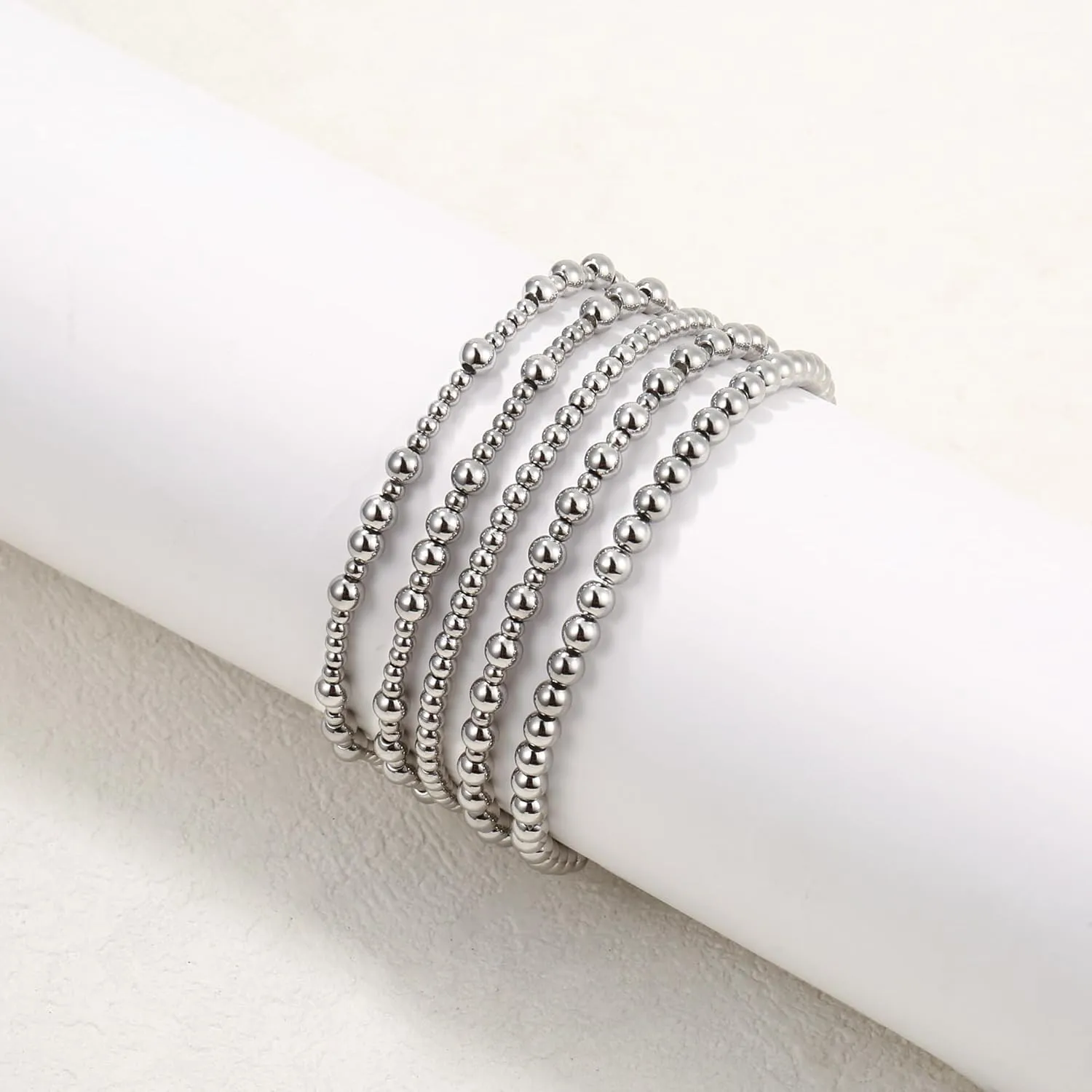 Badu Silver Beaded Bracelets for Women no tarnish Silver plated Stackable Bead Ball Bracelet Stretchable Elastic Hypoallergenic Trendy