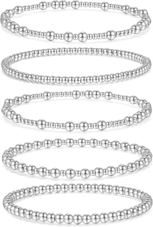 Badu Silver Beaded Bracelets for Women no tarnish Silver plated Stackable Bead Ball Bracelet Stretchable Elastic Hypoallergenic Trendy