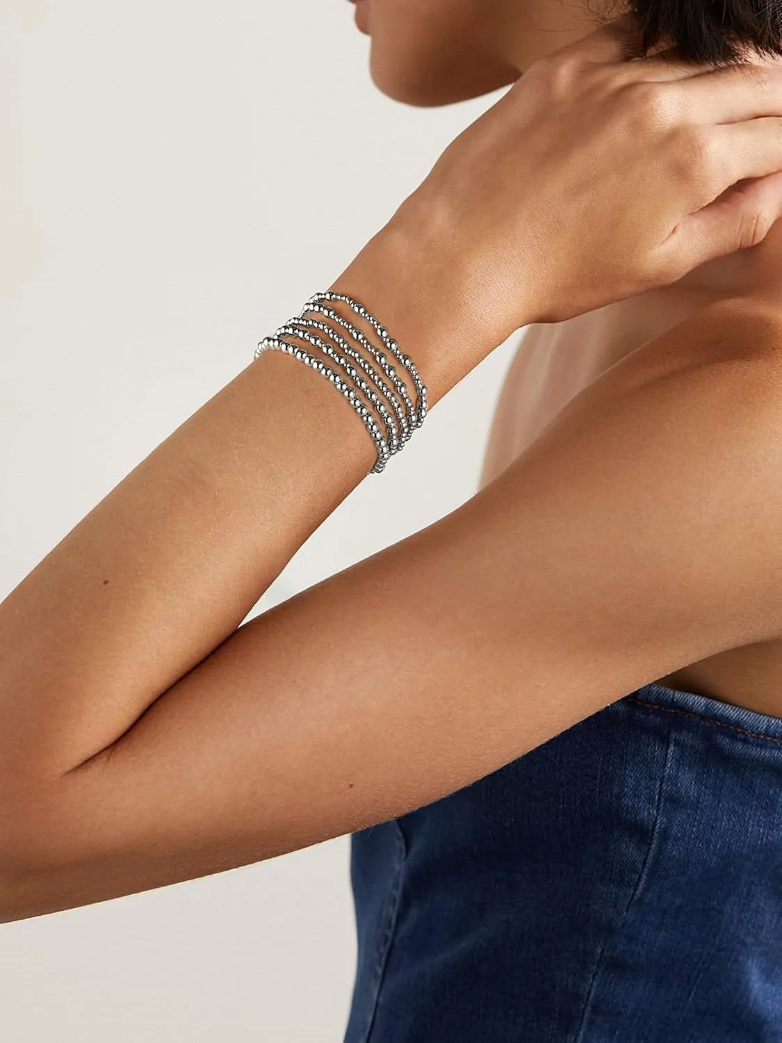 Badu Silver Beaded Bracelets for Women no tarnish Silver plated Stackable Bead Ball Bracelet Stretchable Elastic Hypoallergenic Trendy