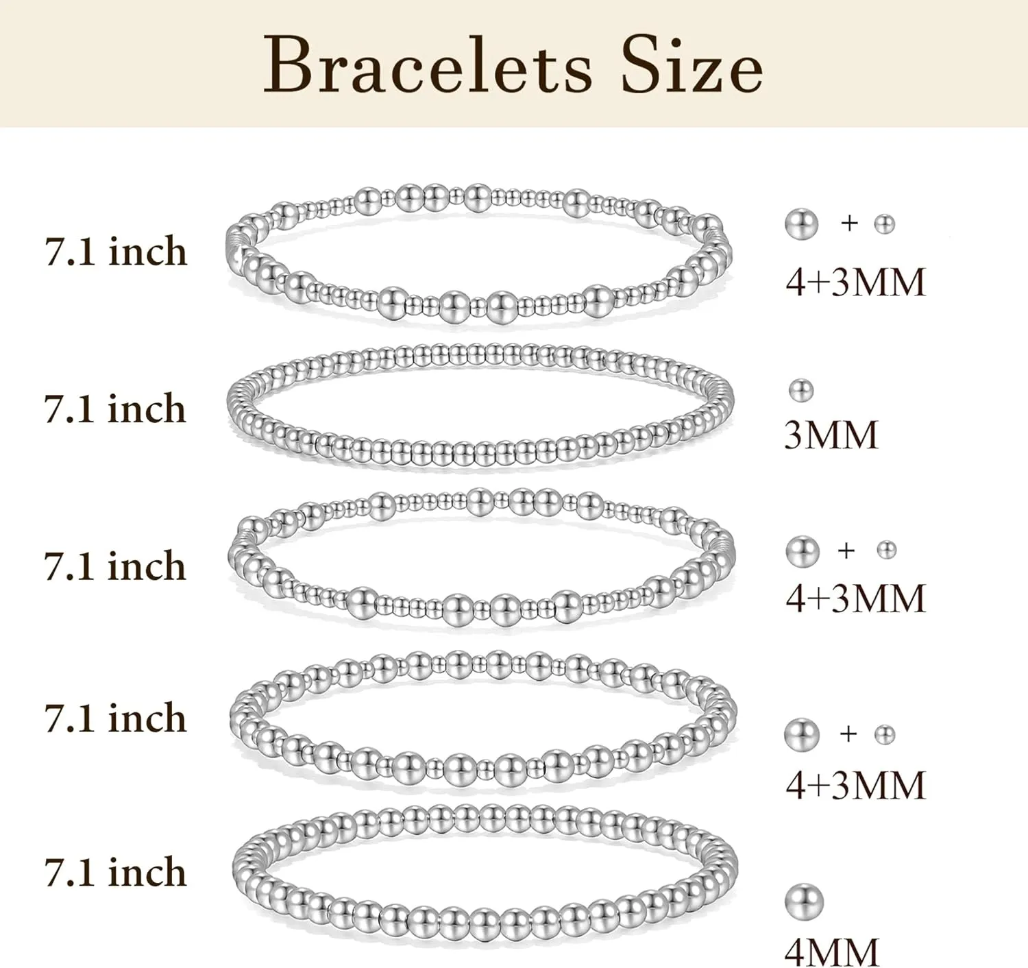 Badu Silver Beaded Bracelets for Women no tarnish Silver plated Stackable Bead Ball Bracelet Stretchable Elastic Hypoallergenic Trendy