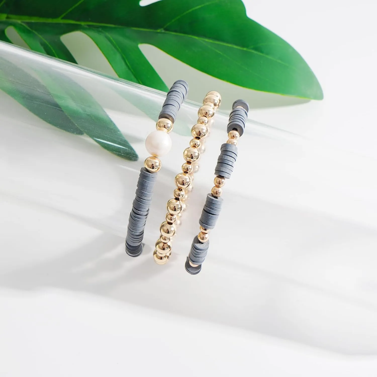 Beaded Bracelets for Women 14K Real Gold Plated Copper Beads Heishi Clay Bracelet Friendship Surfer Stretch Bracelet for Women Jewelry Gifts