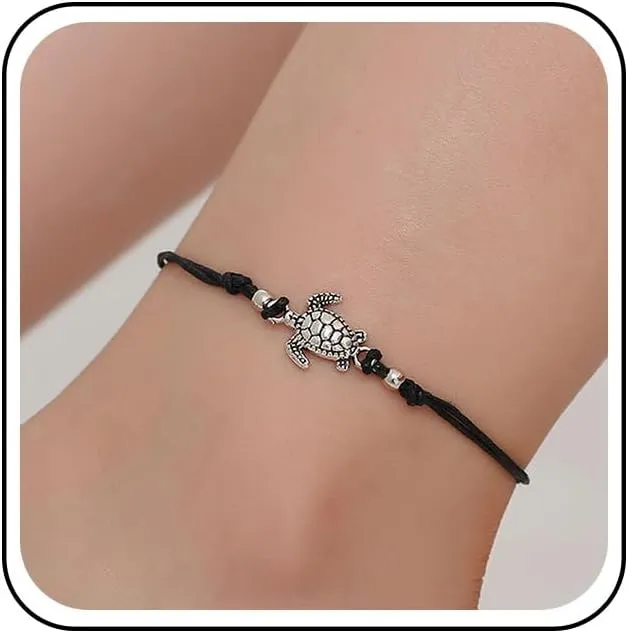 Bohemian Turtle Ankle Bracelet Black Leather Rope Anklet Bracelets Sea Turtle Chain Anklets String Anklet Foot Chain Jewelry for Women