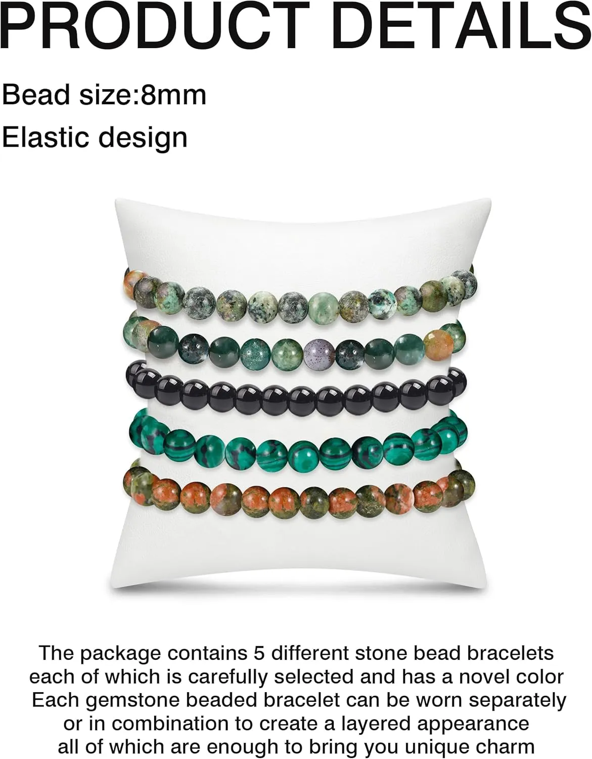 BOMAIL 5Pcs Healing Crystal Bracelets for Women 8mm Natural Stone Beaded Stretch Bracelet Set Handmade Semi-Precious Gemstone Bracelets