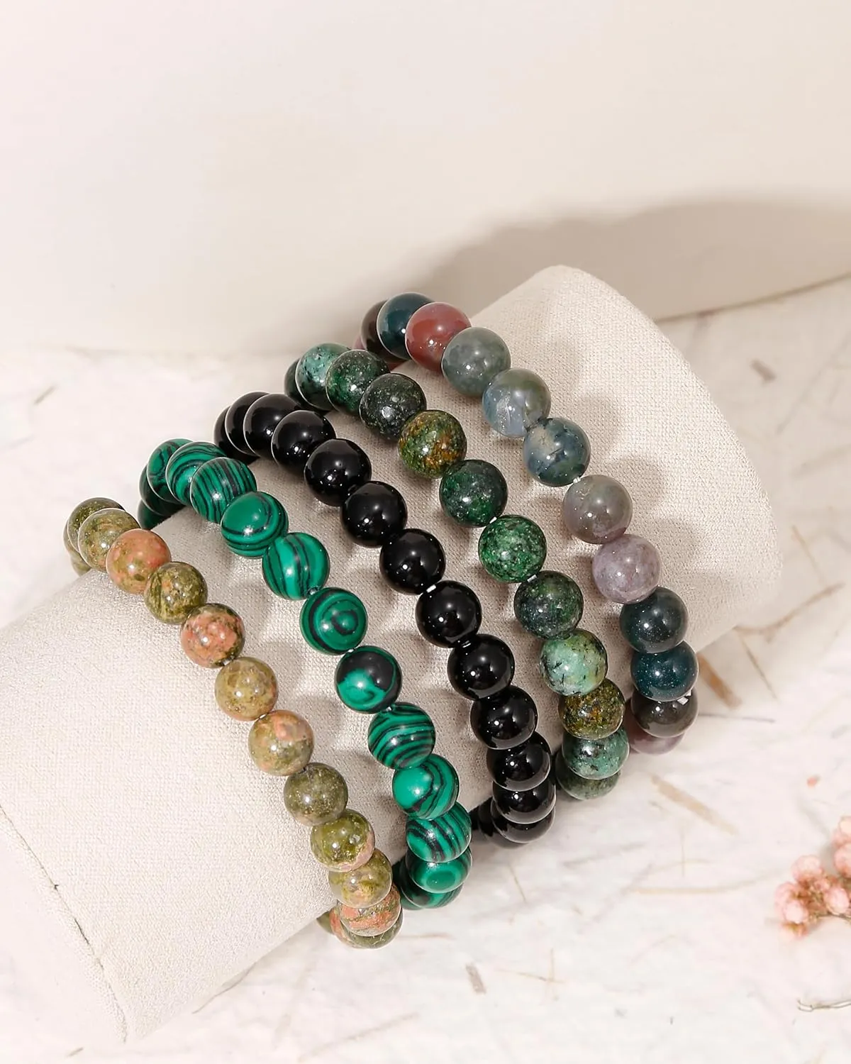 BOMAIL 5Pcs Healing Crystal Bracelets for Women 8mm Natural Stone Beaded Stretch Bracelet Set Handmade Semi-Precious Gemstone Bracelets
