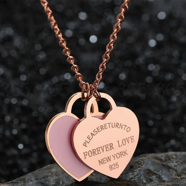 Charm Women Double Love Oil Drip Enamel Necklace Fashion Pendant Valentines Gift For Girls