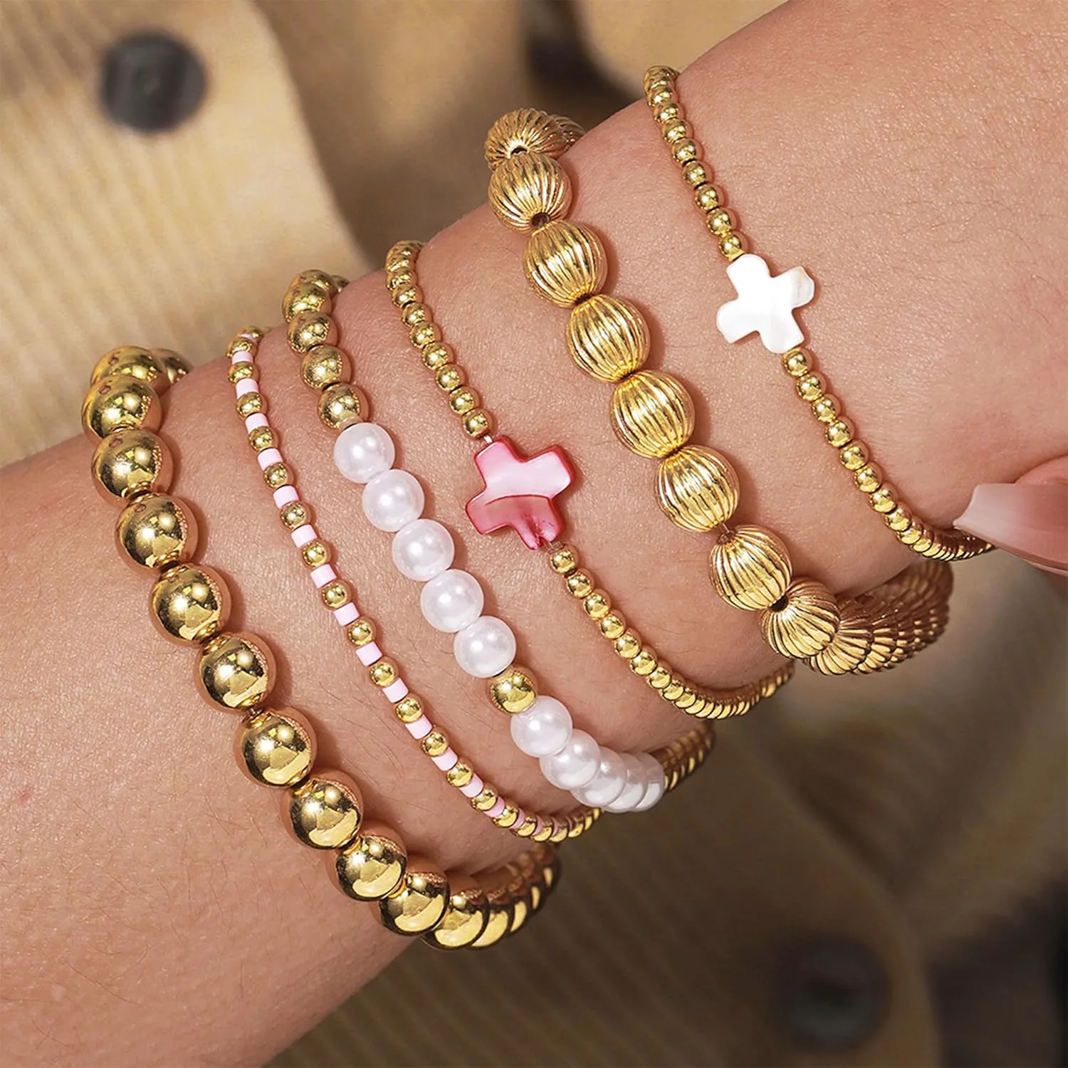 choice of all Gold Bracelets for Women Trendy Beaded Bracelet Non Tarnish Stack Cross Pearl Beaded Stretch Bracelets Jewelry Gifts for Women