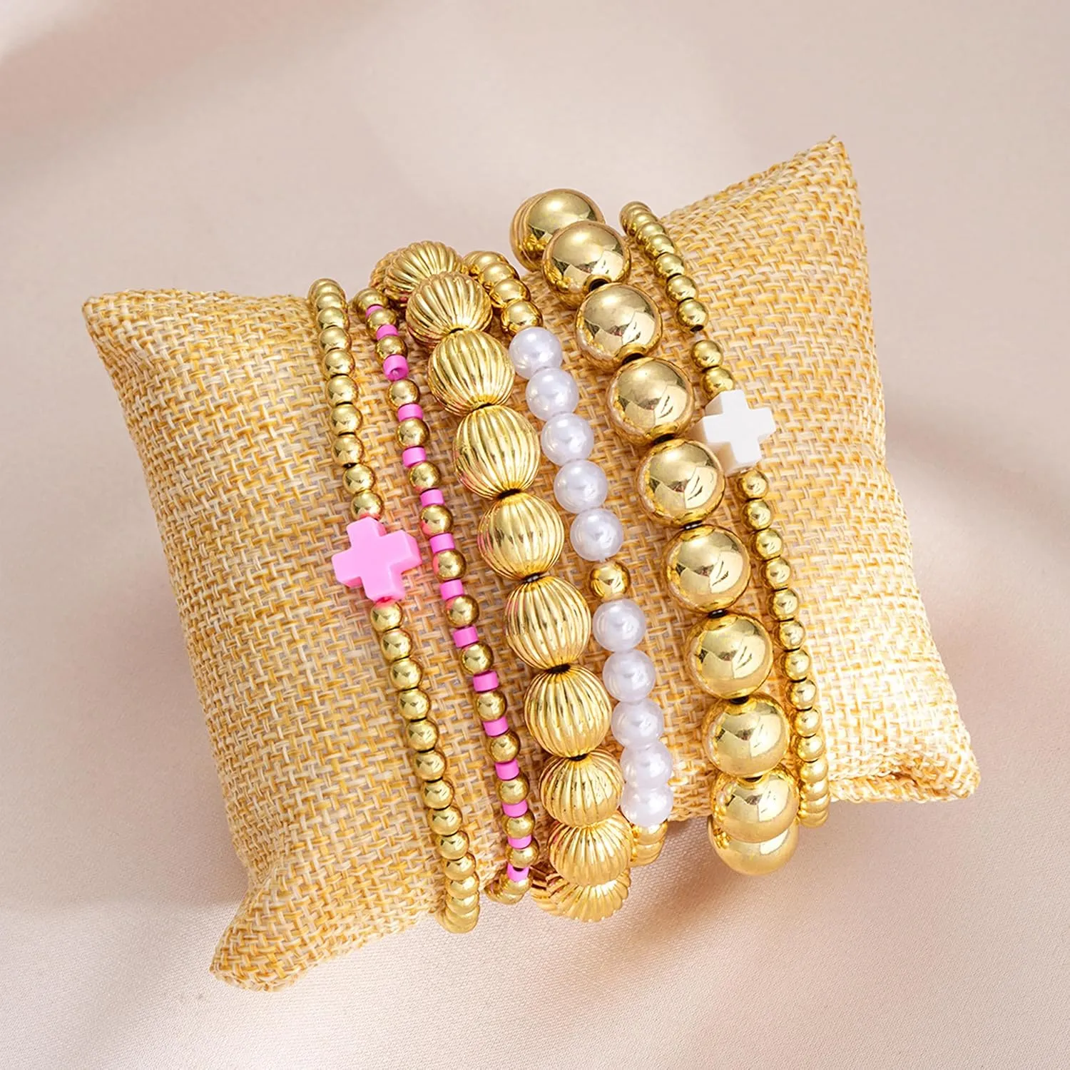 choice of all Gold Bracelets for Women Trendy Beaded Bracelet Non Tarnish Stack Cross Pearl Beaded Stretch Bracelets Jewelry Gifts for Women