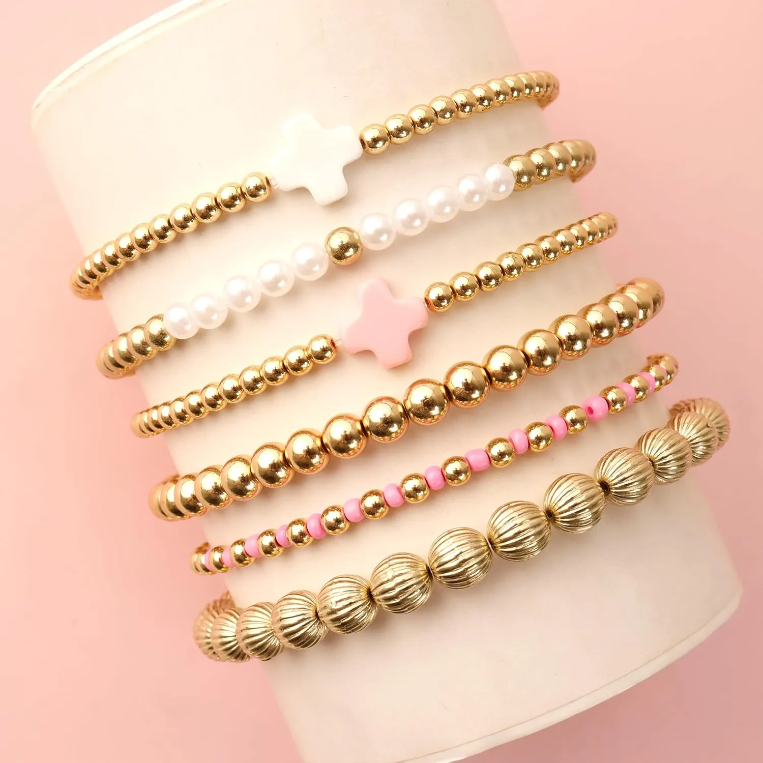 choice of all Gold Bracelets for Women Trendy Beaded Bracelet Non Tarnish Stack Cross Pearl Beaded Stretch Bracelets Jewelry Gifts for Women