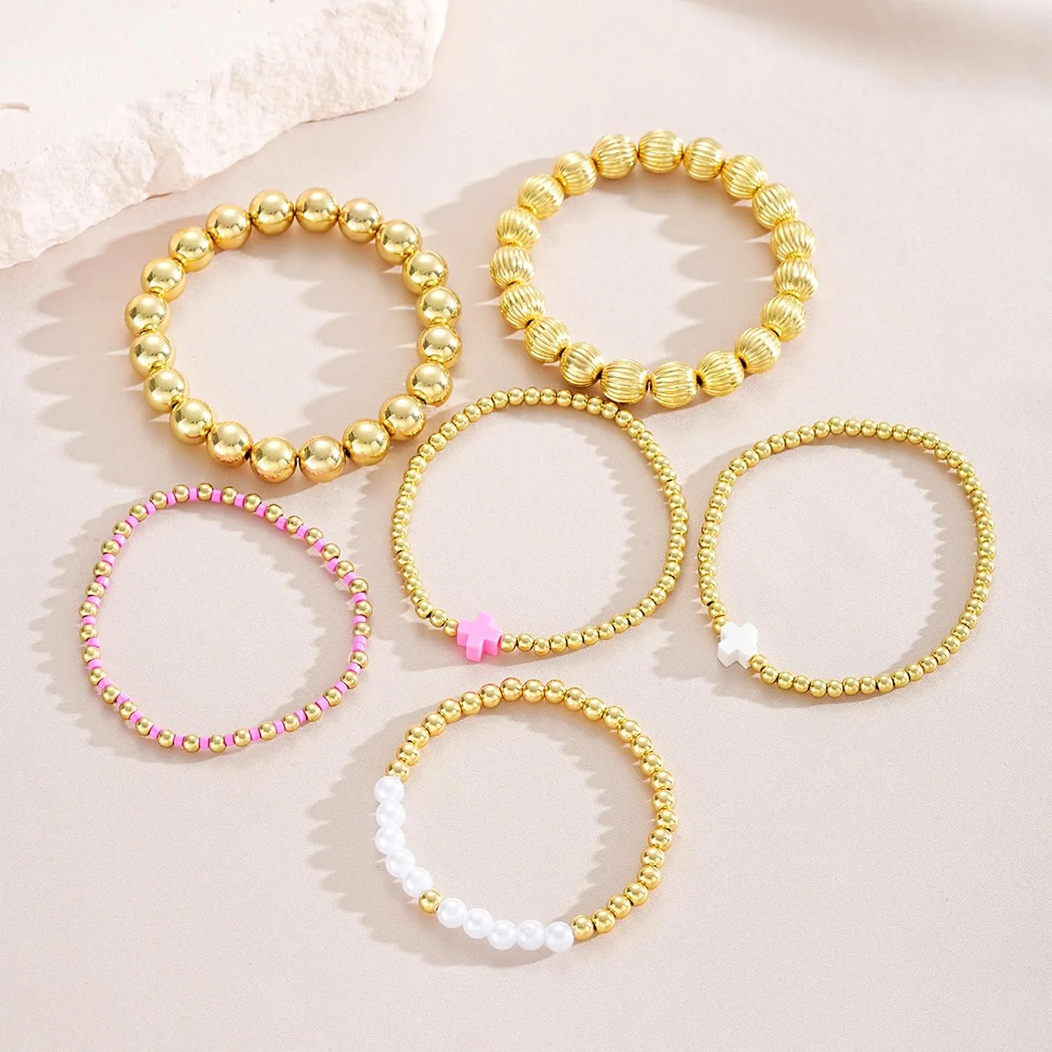 choice of all Gold Bracelets for Women Trendy Beaded Bracelet Non Tarnish Stack Cross Pearl Beaded Stretch Bracelets Jewelry Gifts for Women