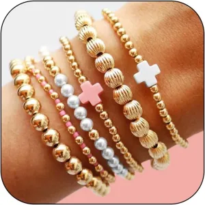 choice of all Gold Bracelets for Women Trendy Beaded Bracelet Non Tarnish Stack Cross Pearl Beaded Stretch Bracelets Jewelry Gifts for Women
