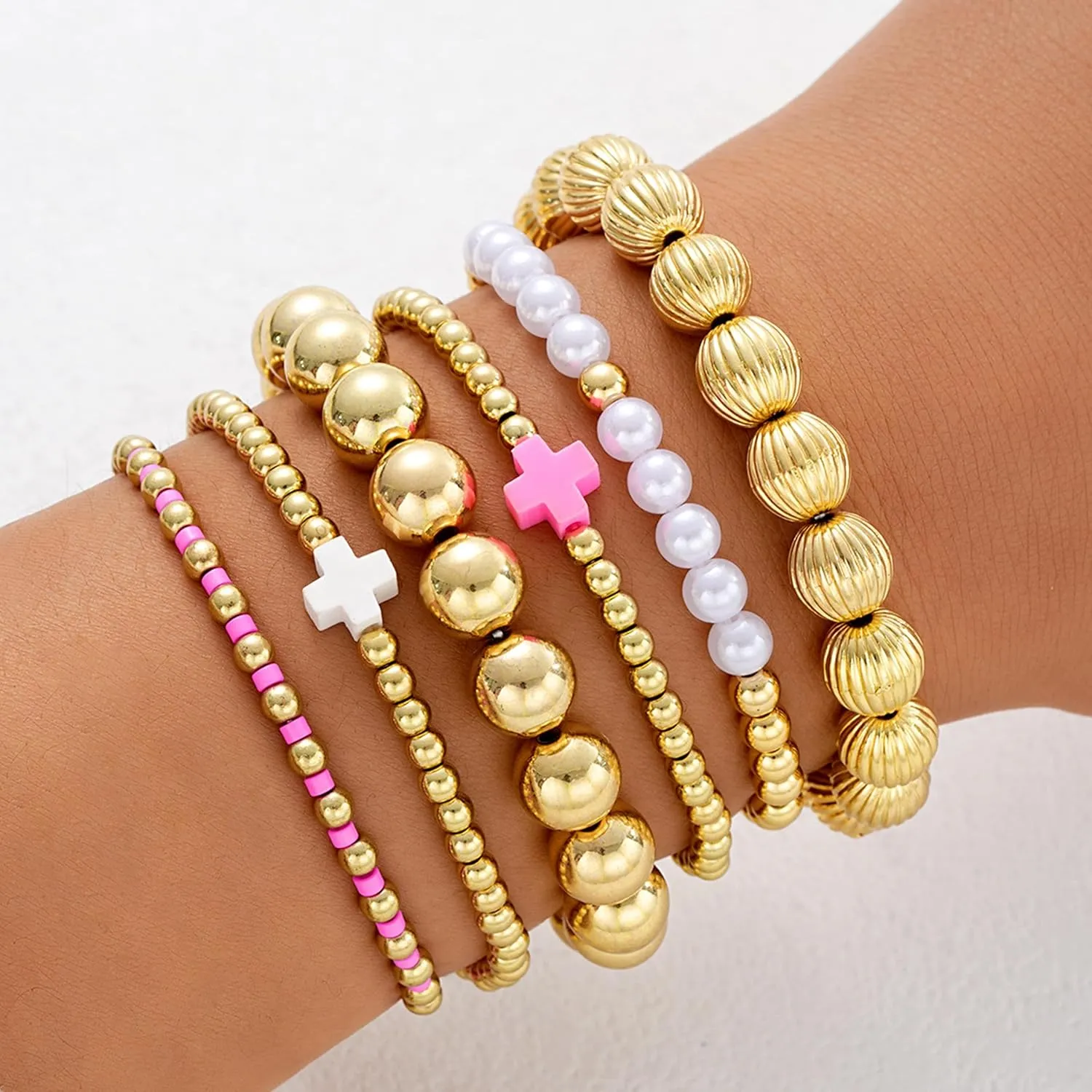 choice of all Gold Bracelets for Women Trendy Beaded Bracelet Non Tarnish Stack Cross Pearl Beaded Stretch Bracelets Jewelry Gifts for Women