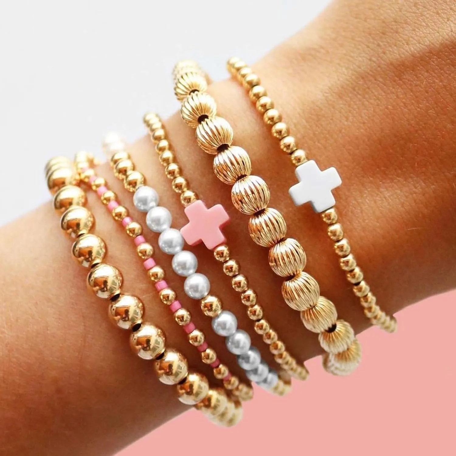 choice of all Gold Bracelets for Women Trendy Beaded Bracelet Non Tarnish Stack Cross Pearl Beaded Stretch Bracelets Jewelry Gifts for Women