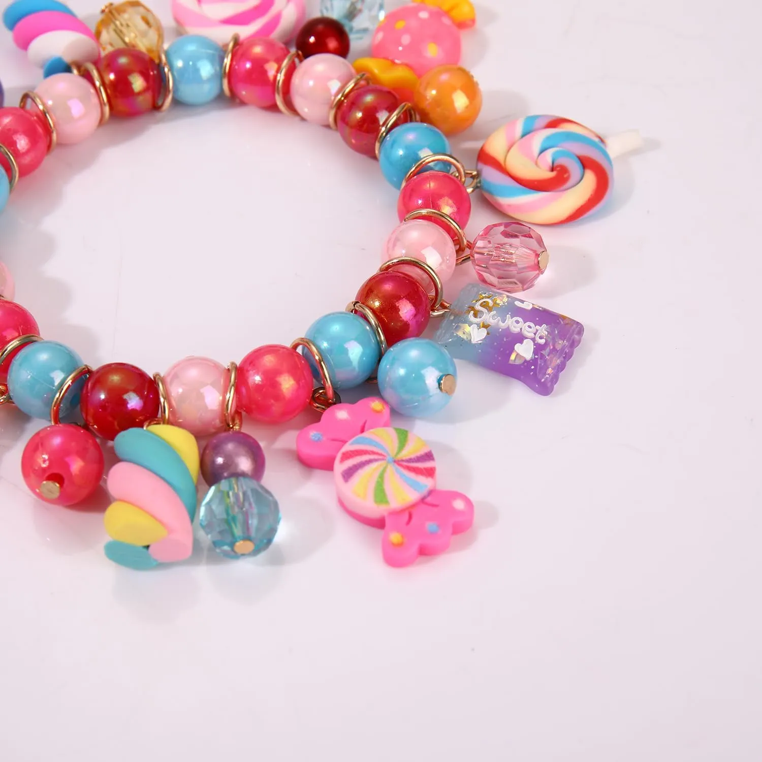 Colorful Candy Beaded Bracelets for Women Fun Novelty Sweet Candy Lollipop Marshmallow Cake Pendant Elastic Stretch Bracelet Kawaii Cute Friendship Party Bangle Wrist Jewelry