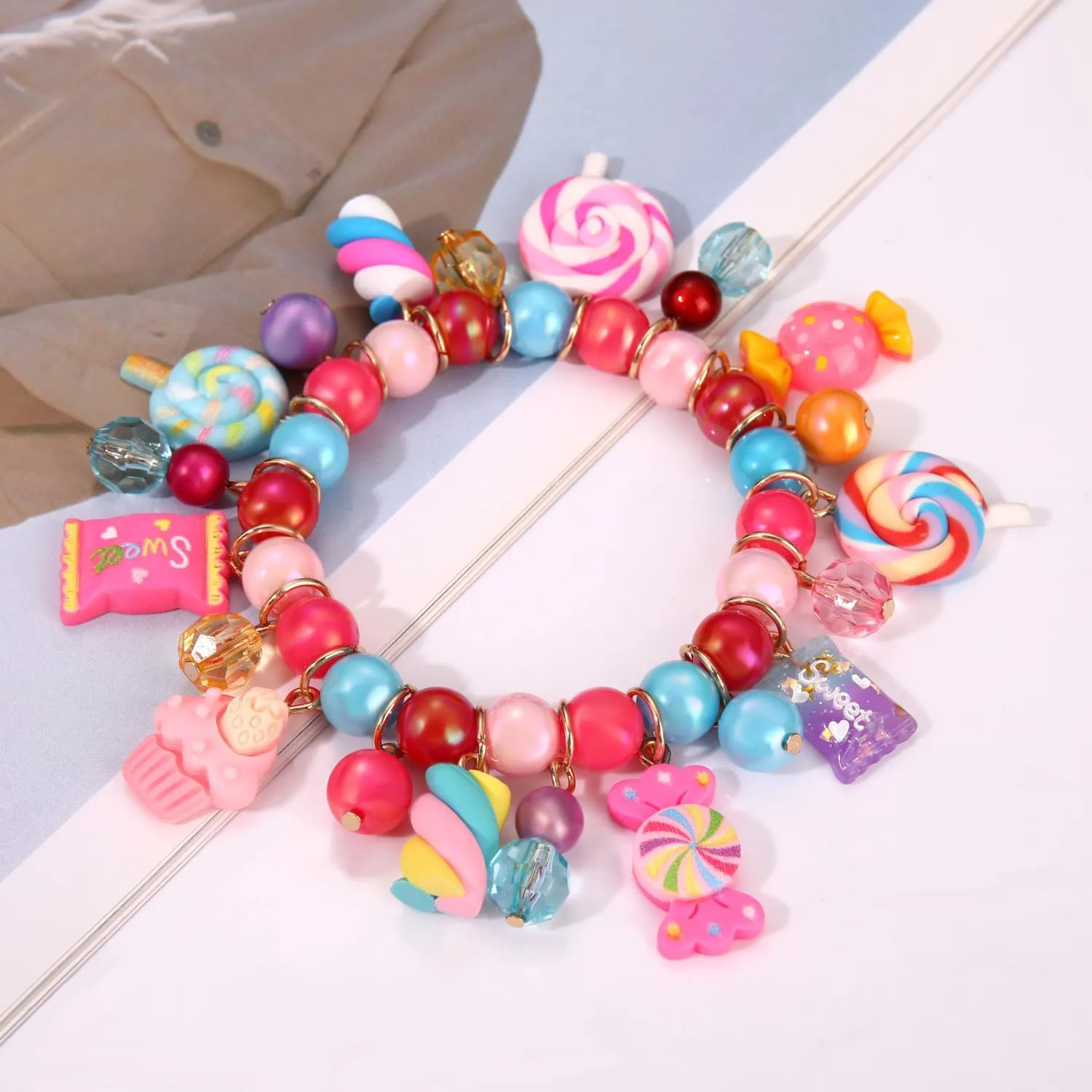 Colorful Candy Beaded Bracelets for Women Fun Novelty Sweet Candy Lollipop Marshmallow Cake Pendant Elastic Stretch Bracelet Kawaii Cute Friendship Party Bangle Wrist Jewelry