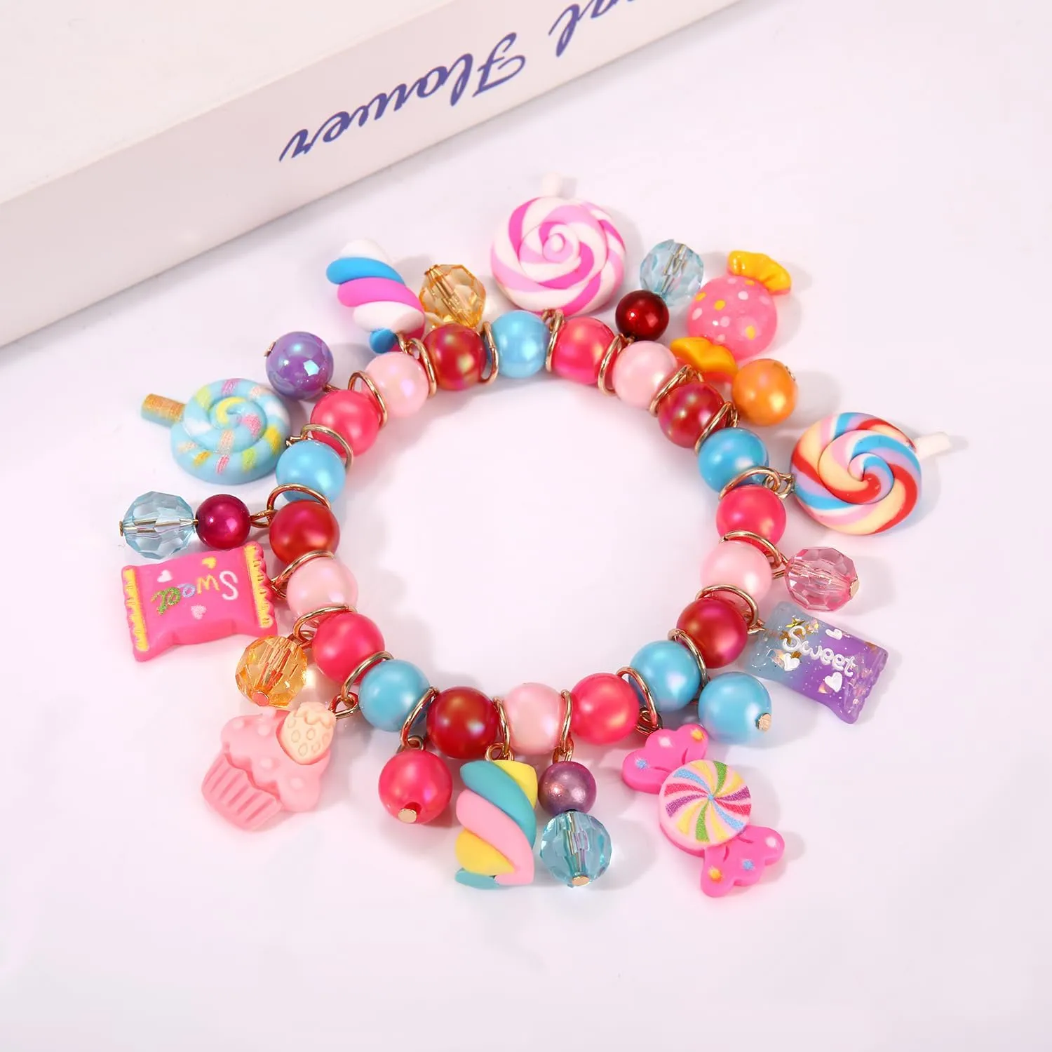 Colorful Candy Beaded Bracelets for Women Fun Novelty Sweet Candy Lollipop Marshmallow Cake Pendant Elastic Stretch Bracelet Kawaii Cute Friendship Party Bangle Wrist Jewelry