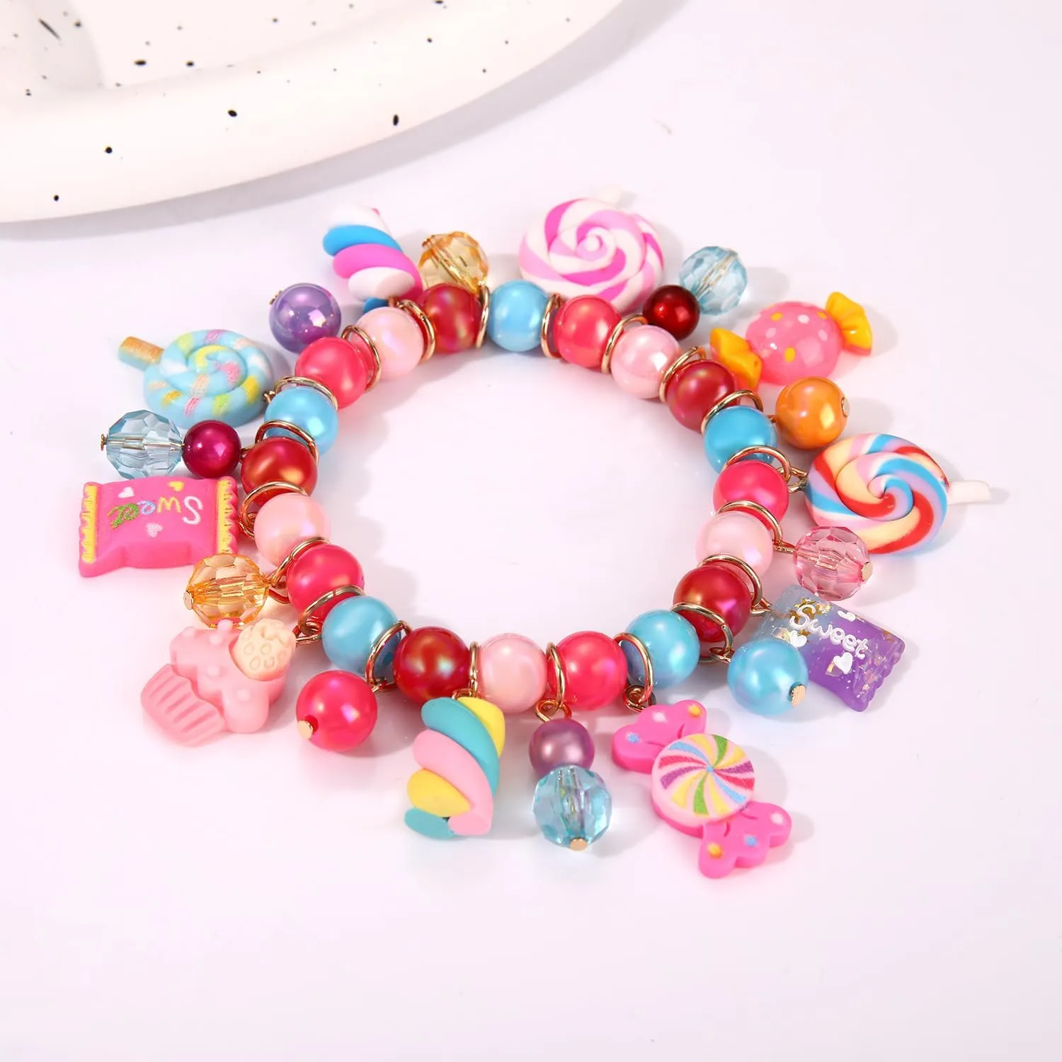Colorful Candy Beaded Bracelets for Women Fun Novelty Sweet Candy Lollipop Marshmallow Cake Pendant Elastic Stretch Bracelet Kawaii Cute Friendship Party Bangle Wrist Jewelry