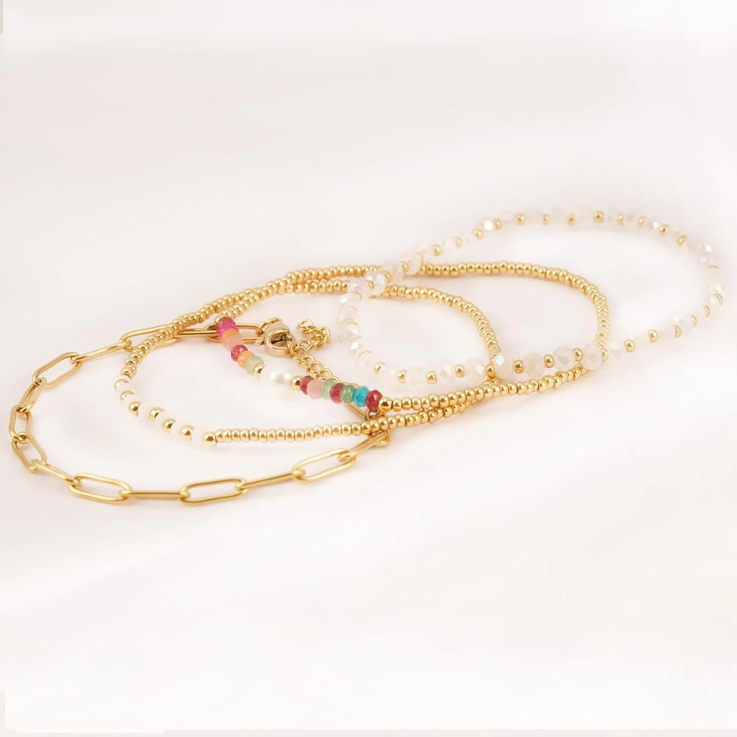 Dainty Gold Pearl Crystal Beaded Bracelets Set for Women 14K Real Gold Plated Bead Pearl Crystal Beads Bracelet Stackable Paperclip Link Chain Bracelets Gold Bracelets for Women Trendy Jewelry