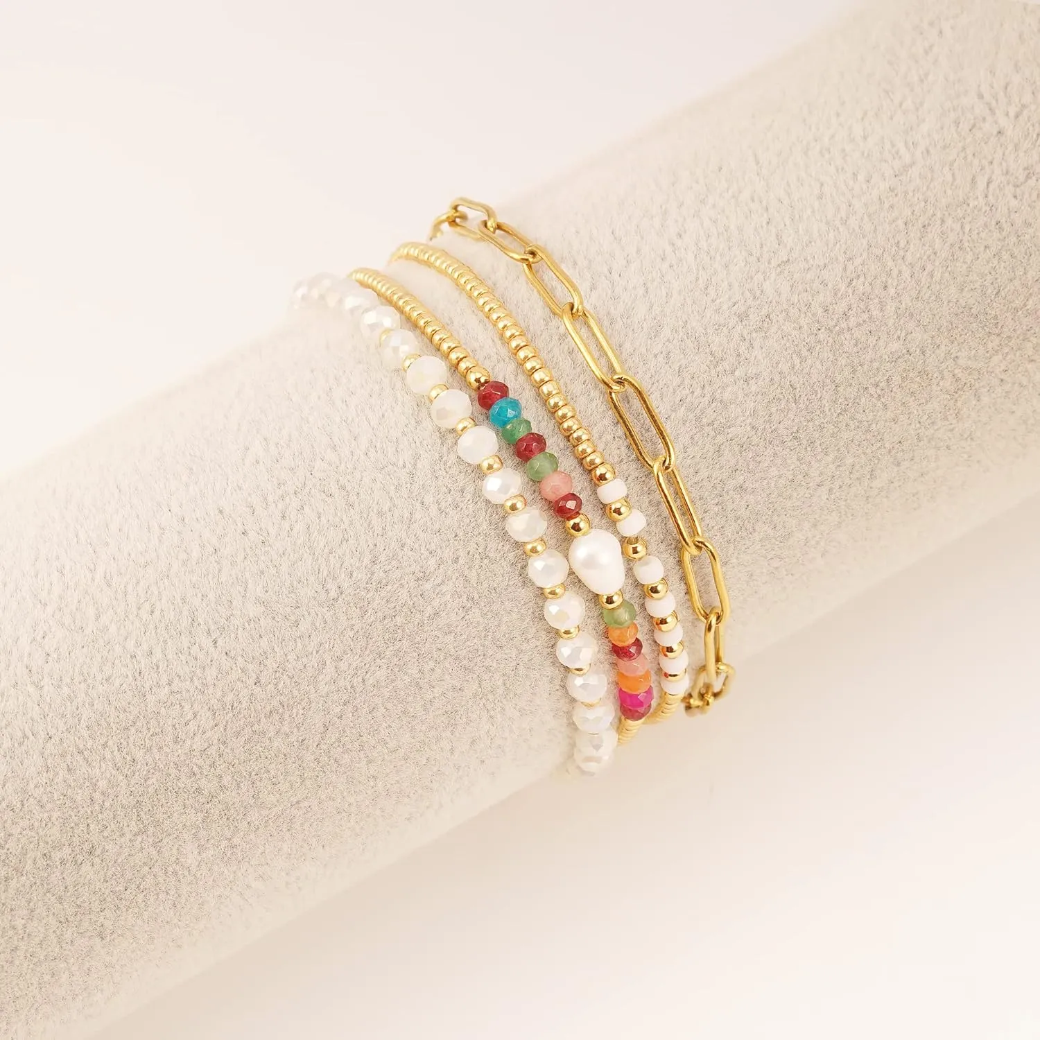 Dainty Gold Pearl Crystal Beaded Bracelets Set for Women 14K Real Gold Plated Bead Pearl Crystal Beads Bracelet Stackable Paperclip Link Chain Bracelets Gold Bracelets for Women Trendy Jewelry