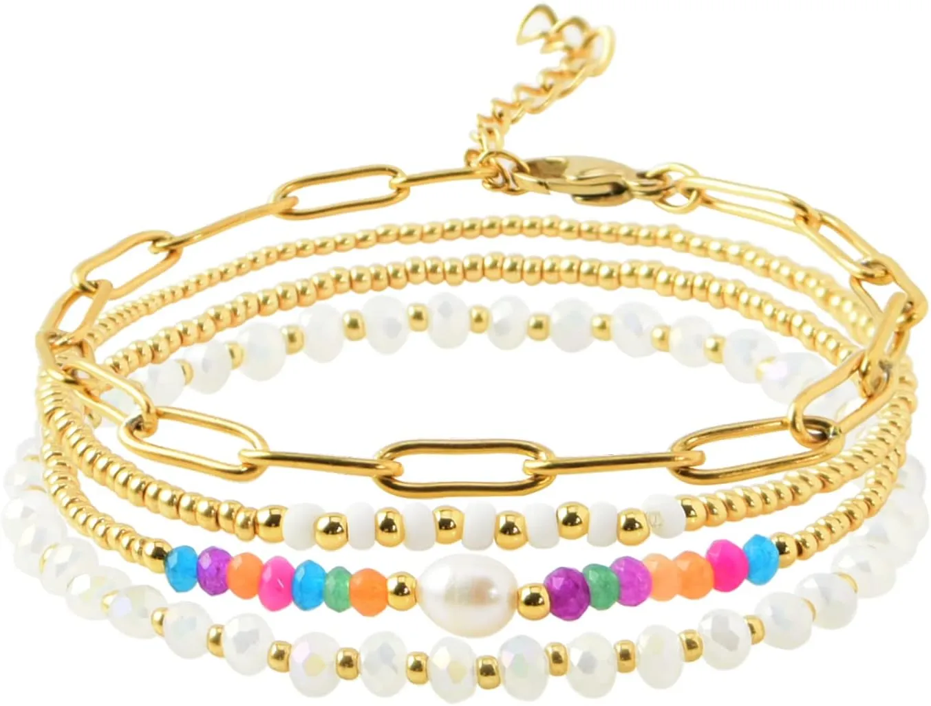 Dainty Gold Pearl Crystal Beaded Bracelets Set for Women 14K Real Gold Plated Bead Pearl Crystal Beads Bracelet Stackable Paperclip Link Chain Bracelets Gold Bracelets for Women Trendy Jewelry