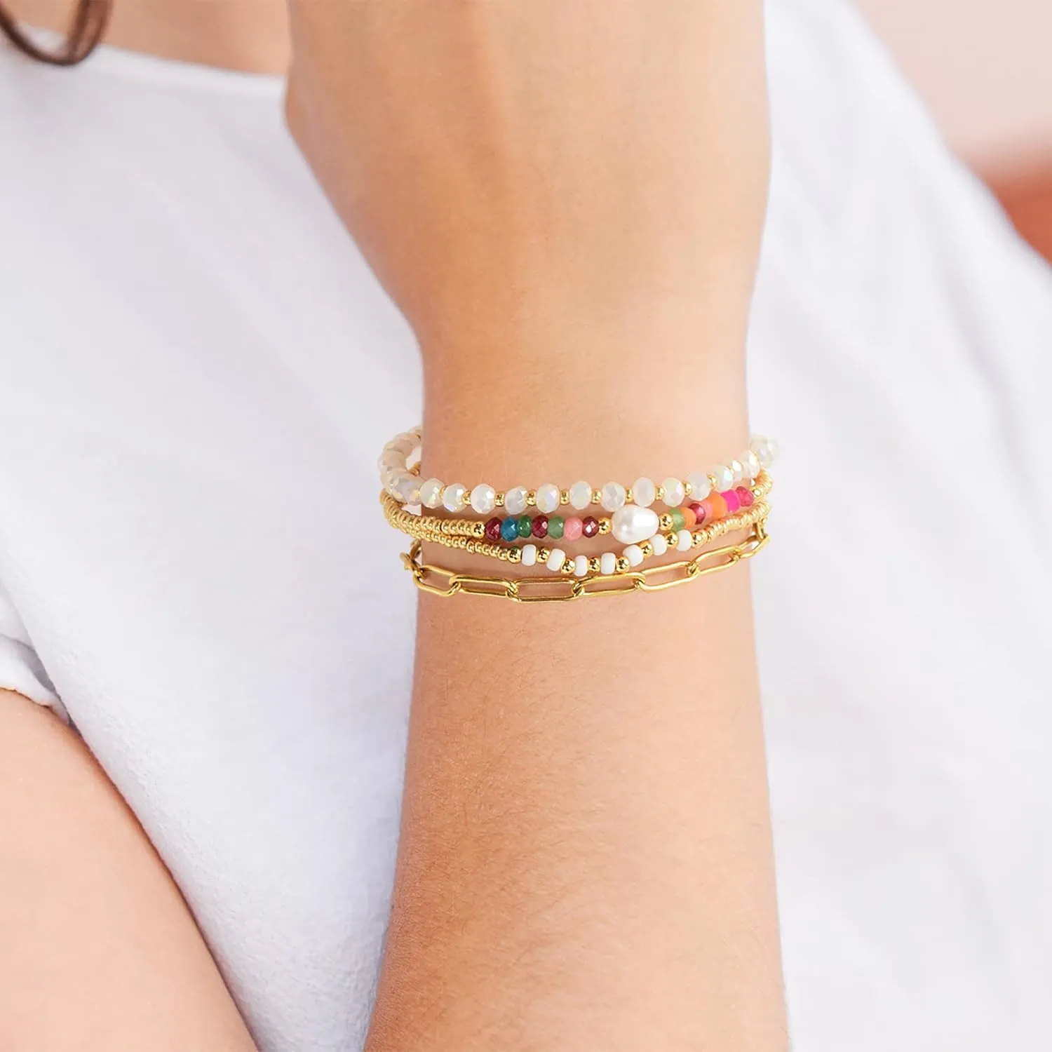 Dainty Gold Pearl Crystal Beaded Bracelets Set for Women 14K Real Gold Plated Bead Pearl Crystal Beads Bracelet Stackable Paperclip Link Chain Bracelets Gold Bracelets for Women Trendy Jewelry