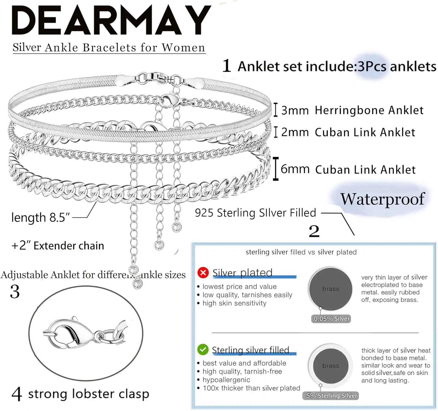 DEARMAY Dainty Layered Silver Ankle Bracelets for Women Waterproof, S925 Sterling Silver Plated Anklets for Women Jewelry Cute Chain Link Anklets Set Pack Summer Beach Gift Teen
