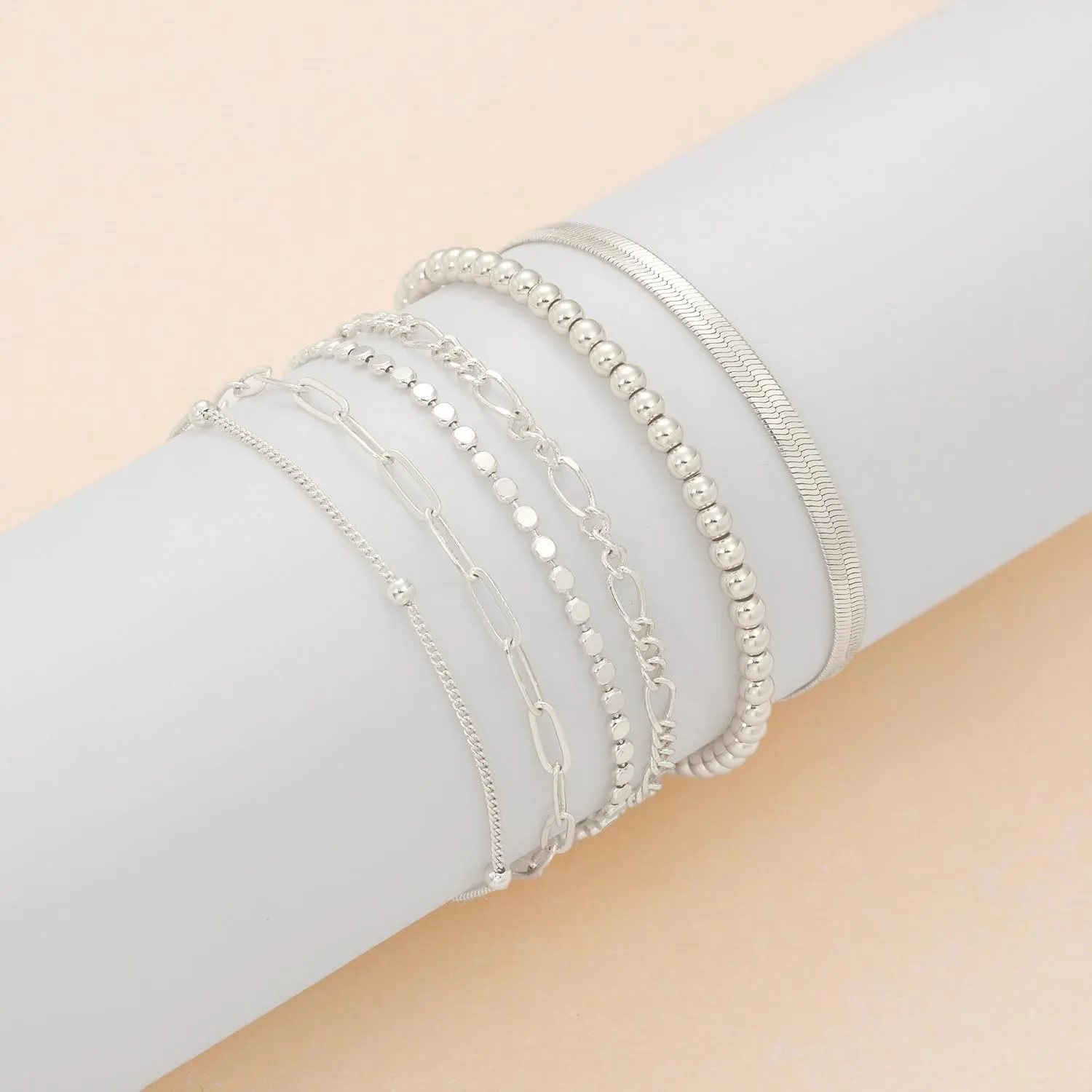 DEARMAY Dainty Silver Chain Bracelets for Women Trendy, Waterproof Sterling Silver/Gold Jewelry Sets Fashion Stackable Beaded Figaro Herringbone Paperclip Chain Bracelet Pack Stack Gifts for Womens