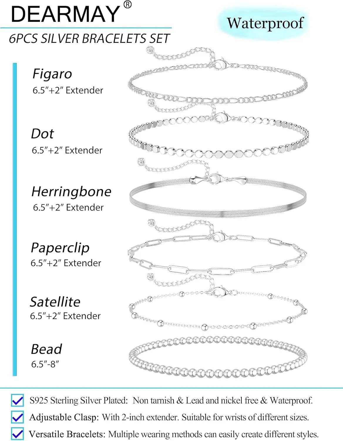 DEARMAY Dainty Silver Chain Bracelets for Women Trendy, Waterproof Sterling Silver/Gold Jewelry Sets Fashion Stackable Beaded Figaro Herringbone Paperclip Chain Bracelet Pack Stack Gifts for Womens