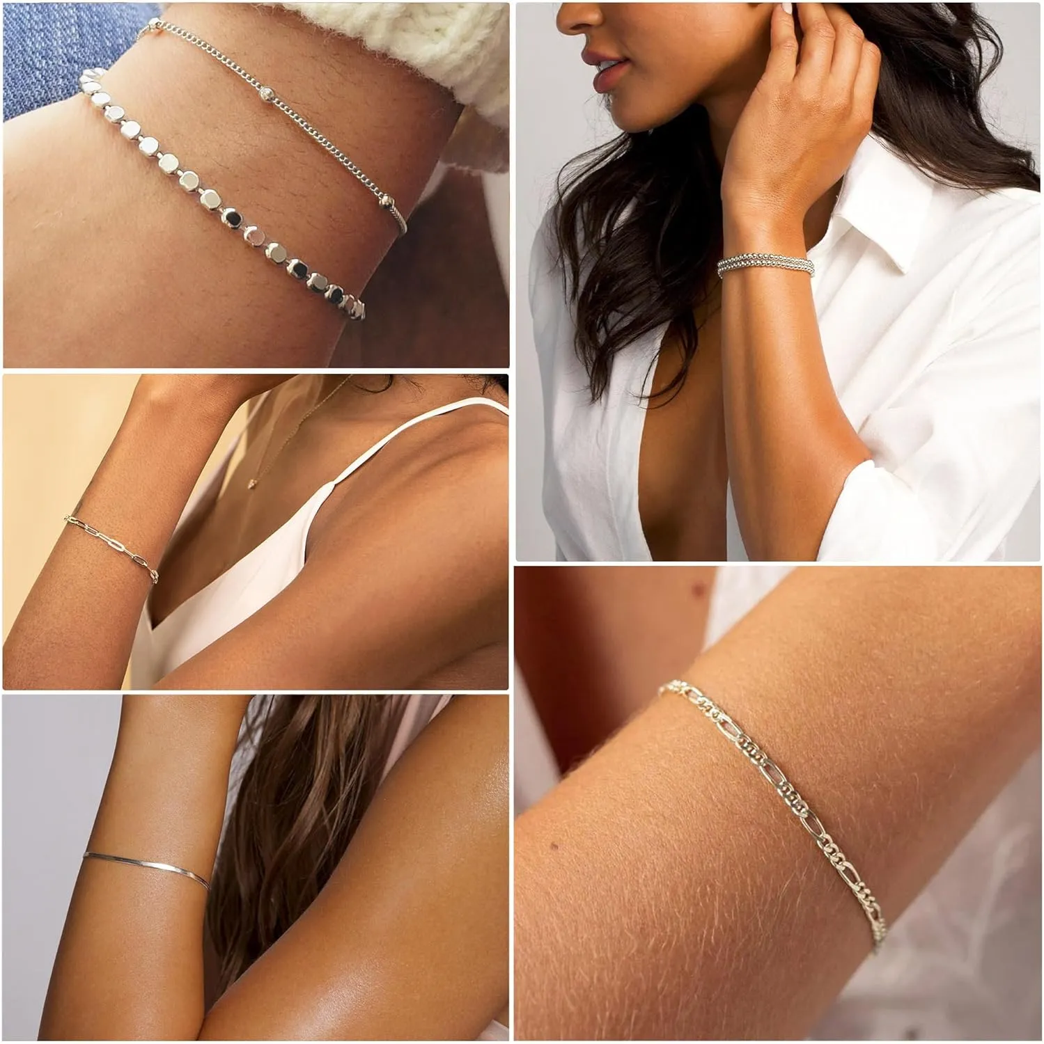 DEARMAY Dainty Silver Chain Bracelets for Women Trendy, Waterproof Sterling Silver/Gold Jewelry Sets Fashion Stackable Beaded Figaro Herringbone Paperclip Chain Bracelet Pack Stack Gifts for Womens