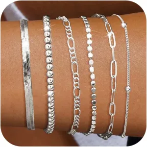 DEARMAY Dainty Silver Chain Bracelets for Women Trendy, Waterproof Sterling Silver/Gold Jewelry Sets Fashion Stackable Beaded Figaro Herringbone Paperclip Chain Bracelet Pack Stack Gifts for Womens