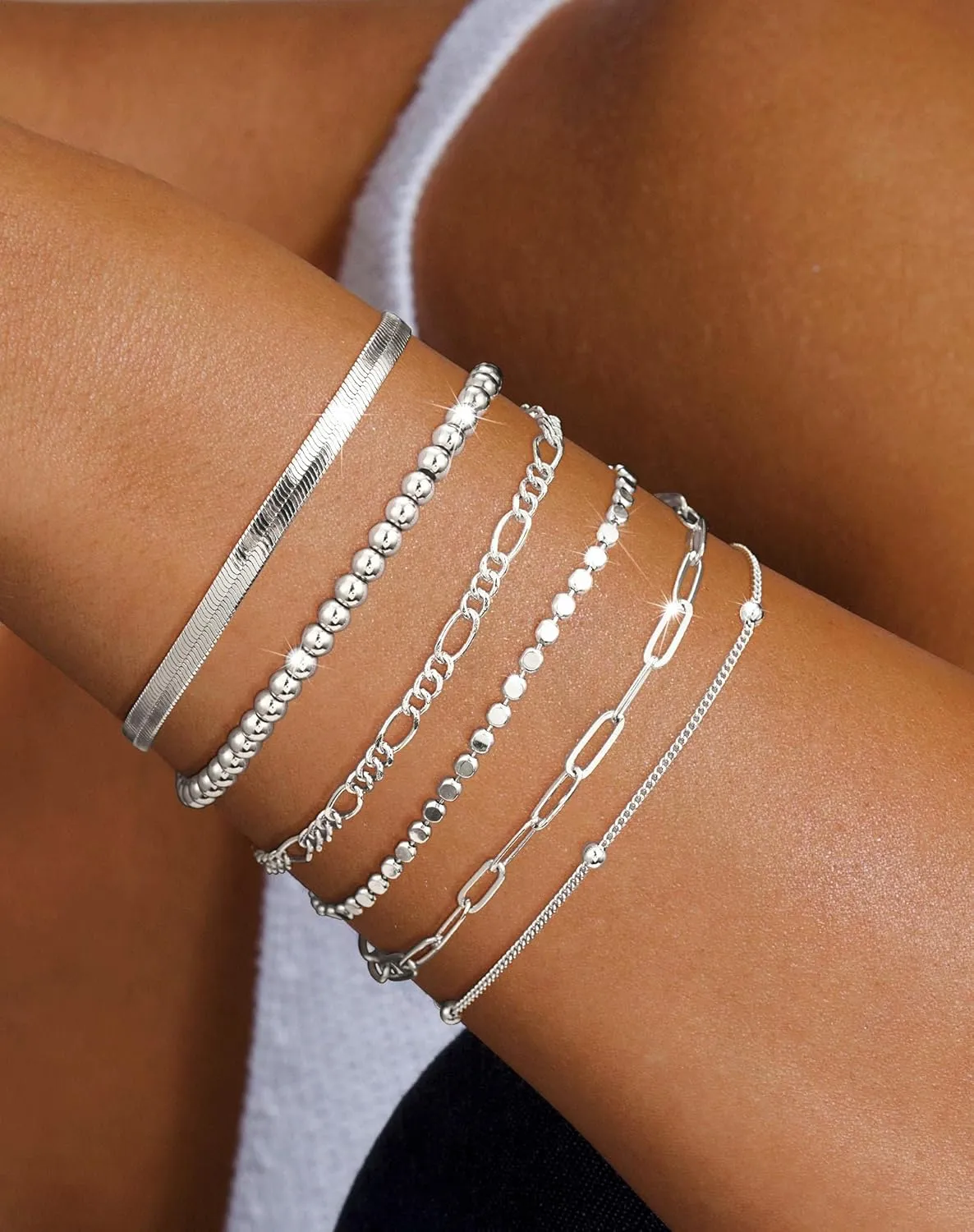 DEARMAY Dainty Silver Chain Bracelets for Women Trendy, Waterproof Sterling Silver/Gold Jewelry Sets Fashion Stackable Beaded Figaro Herringbone Paperclip Chain Bracelet Pack Stack Gifts for Womens