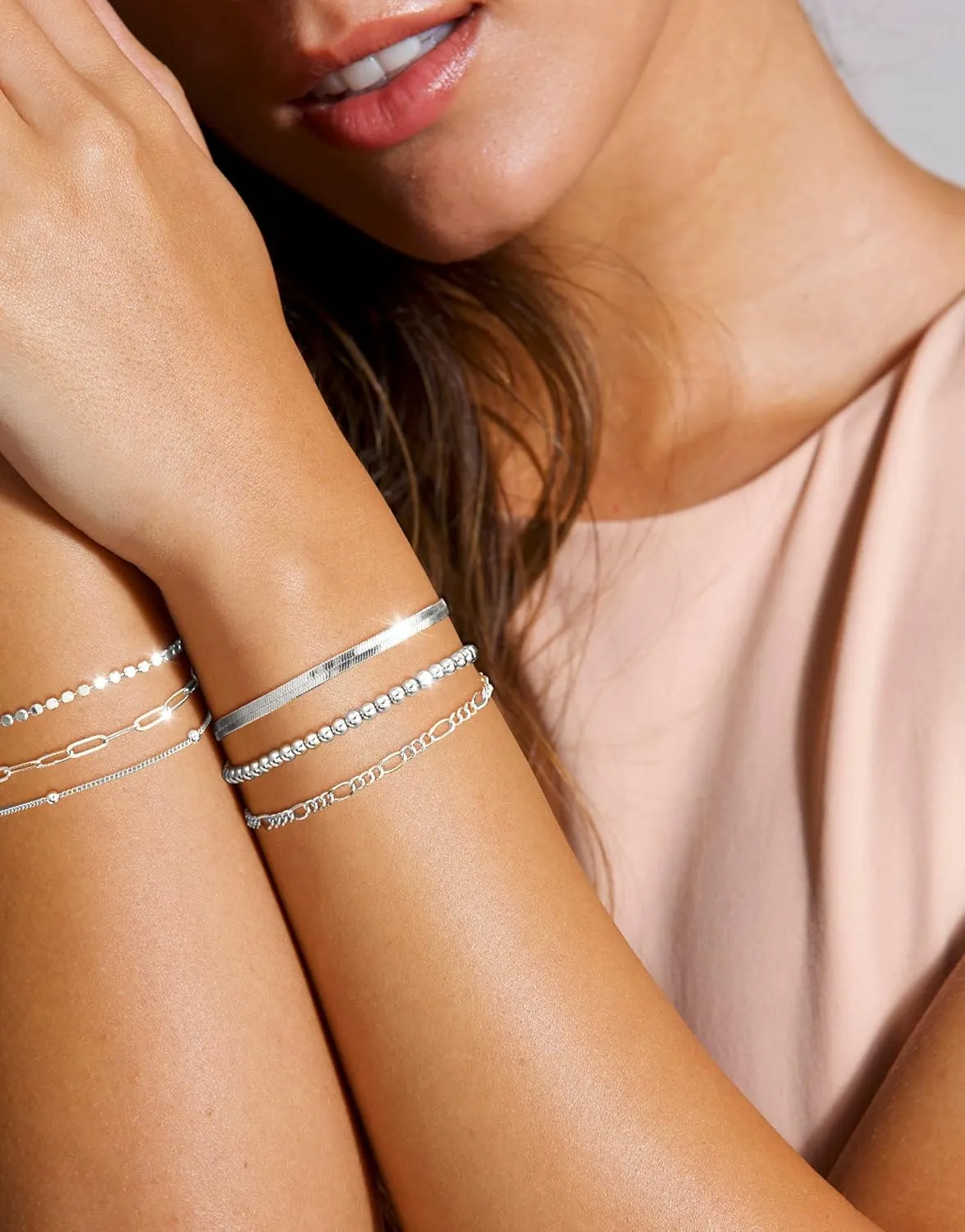 DEARMAY Dainty Silver Chain Bracelets for Women Trendy, Waterproof Sterling Silver/Gold Jewelry Sets Fashion Stackable Beaded Figaro Herringbone Paperclip Chain Bracelet Pack Stack Gifts for Womens
