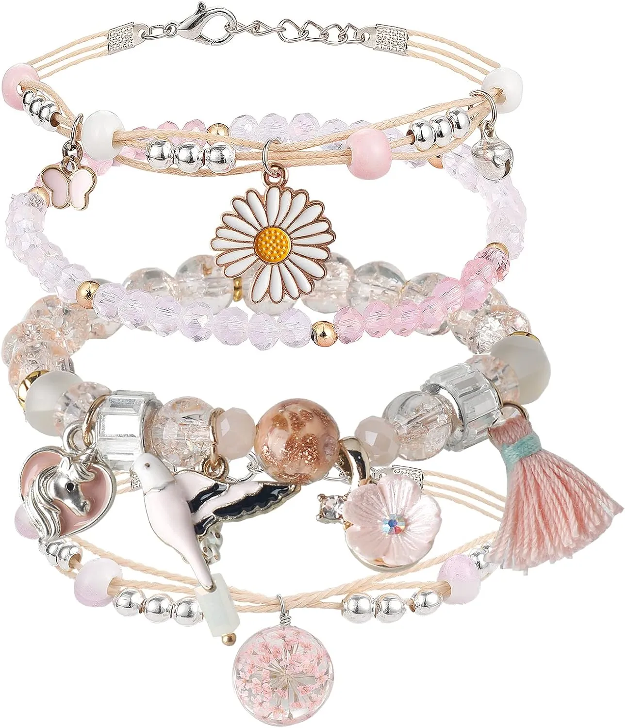 DS 4PCS Beaded Charm Bracelets for Teen Girls Dainty cute cartoon Crystal Beads Pearl Bracelets anklets set for woman and girls Adjustable Stretch bracelet birthday Gift For Friends