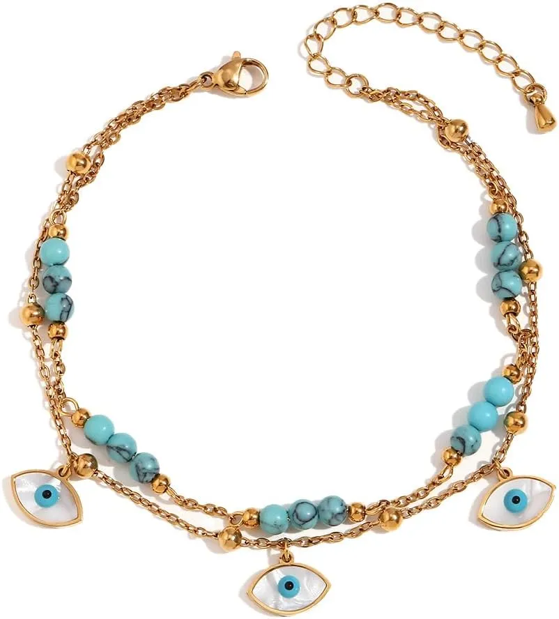 Evil Eye Blue Turquoise Anklet for Women Shell Lucky Charms Eyes Dangling Double Layered Anklets Stainless Steel Adjustable Foot Chains Jewelry