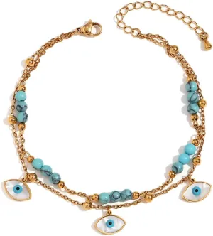 Evil Eye Blue Turquoise Anklet for Women Shell Lucky Charms Eyes Dangling Double Layered Anklets Stainless Steel Adjustable Foot Chains Jewelry