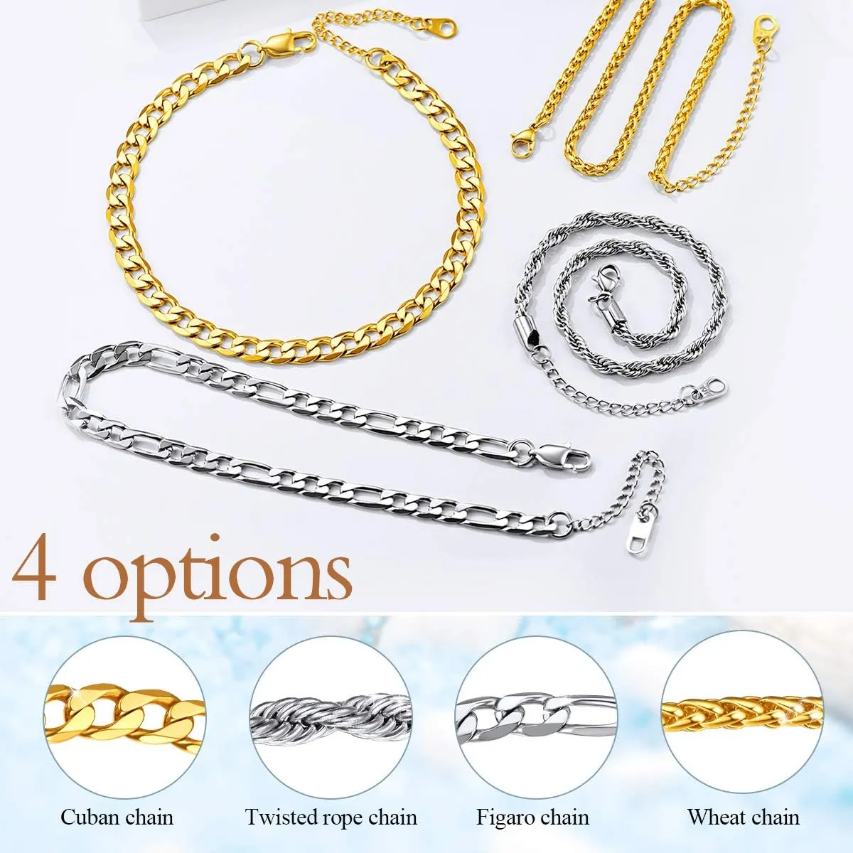 FOCALOOK 14K Gold Plated Anklets for Women Waterproof Plus Size Ankle Bracelet 8.5-10.5 Inch Adjustable Mariner/Figaro/Flat Snake/Cuban Link Chain Anklet Jewelry for Summer Beach Holiday