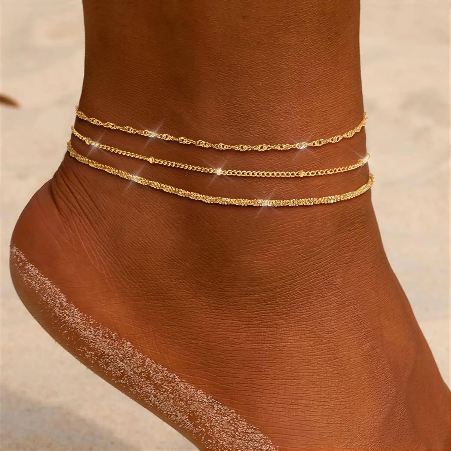 Gold Ankle Bracelets for Women 14K Gold Plated Anklets for Women Waterproof Non Tarnish Dainty Layered Heart Cuban Link Beaded Anklets Set Summer Beach Stuff Jewelry Gifts for Women Trendy