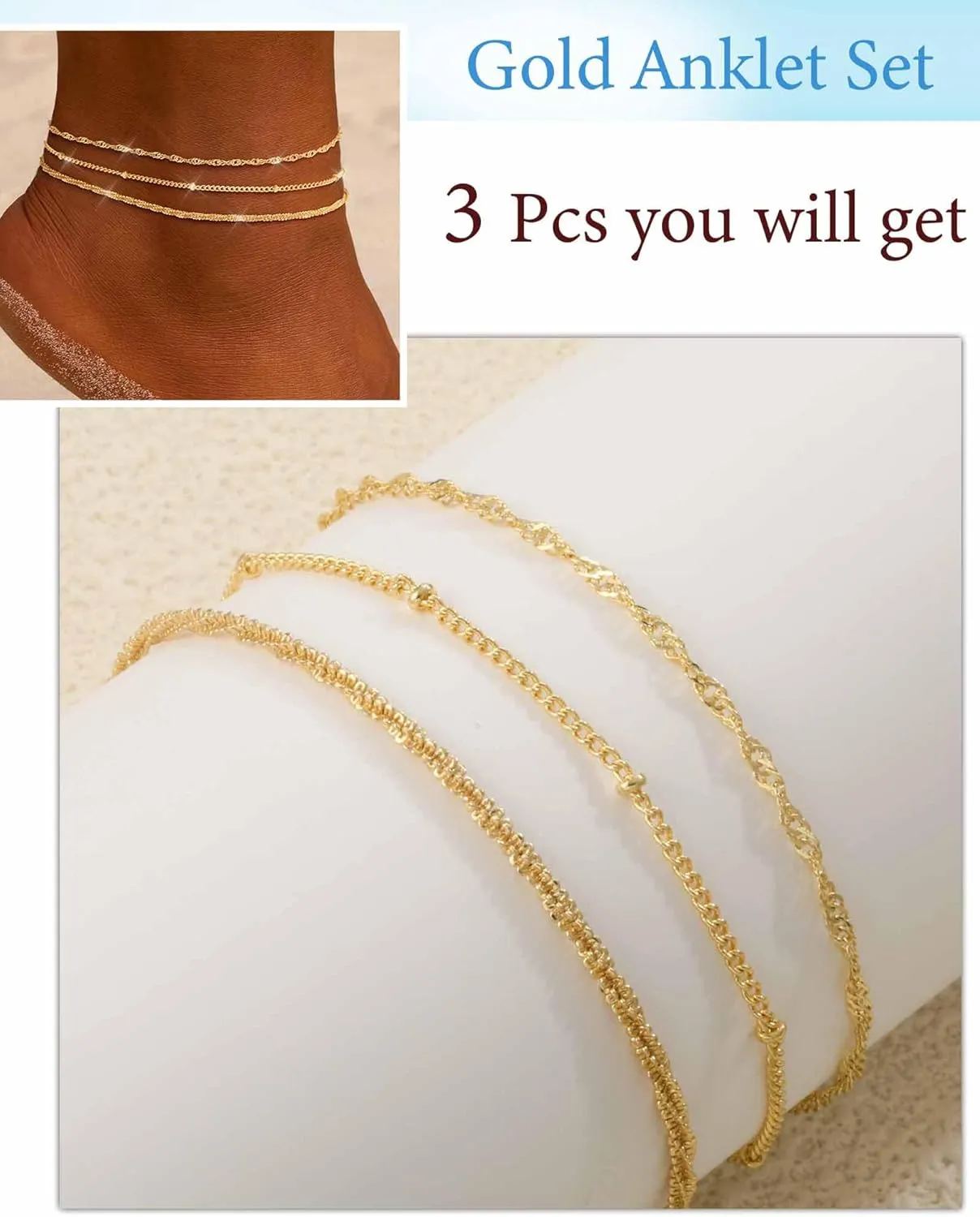 Gold Ankle Bracelets for Women 14K Gold Plated Anklets for Women Waterproof Non Tarnish Dainty Layered Heart Cuban Link Beaded Anklets Set Summer Beach Stuff Jewelry Gifts for Women Trendy