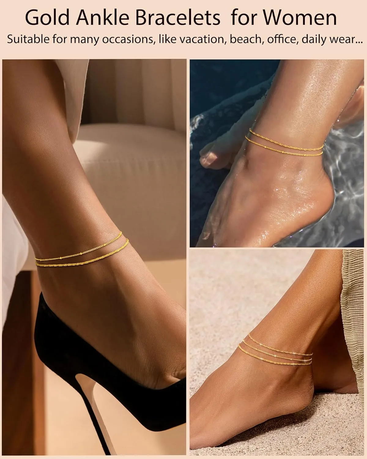 Gold Ankle Bracelets for Women 14K Gold Plated Anklets for Women Waterproof Non Tarnish Dainty Layered Heart Cuban Link Beaded Anklets Set Summer Beach Stuff Jewelry Gifts for Women Trendy