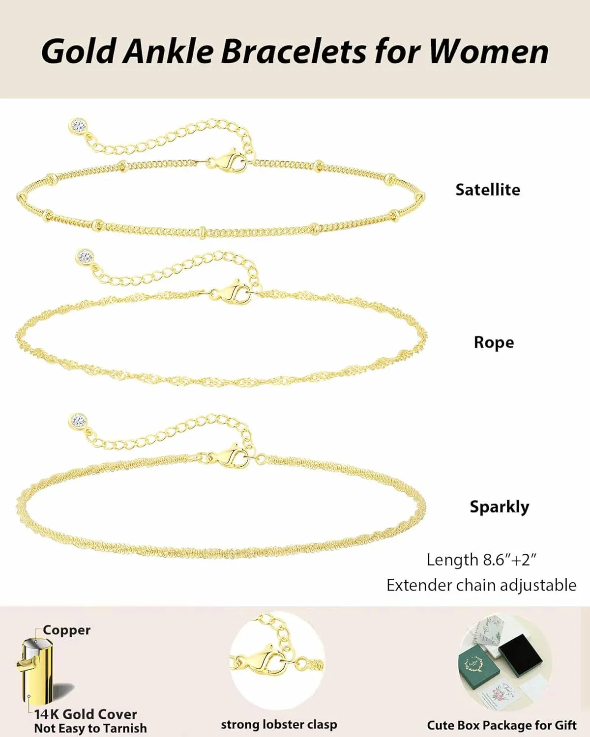 Gold Ankle Bracelets for Women 14K Gold Plated Anklets for Women Waterproof Non Tarnish Dainty Layered Heart Cuban Link Beaded Anklets Set Summer Beach Stuff Jewelry Gifts for Women Trendy